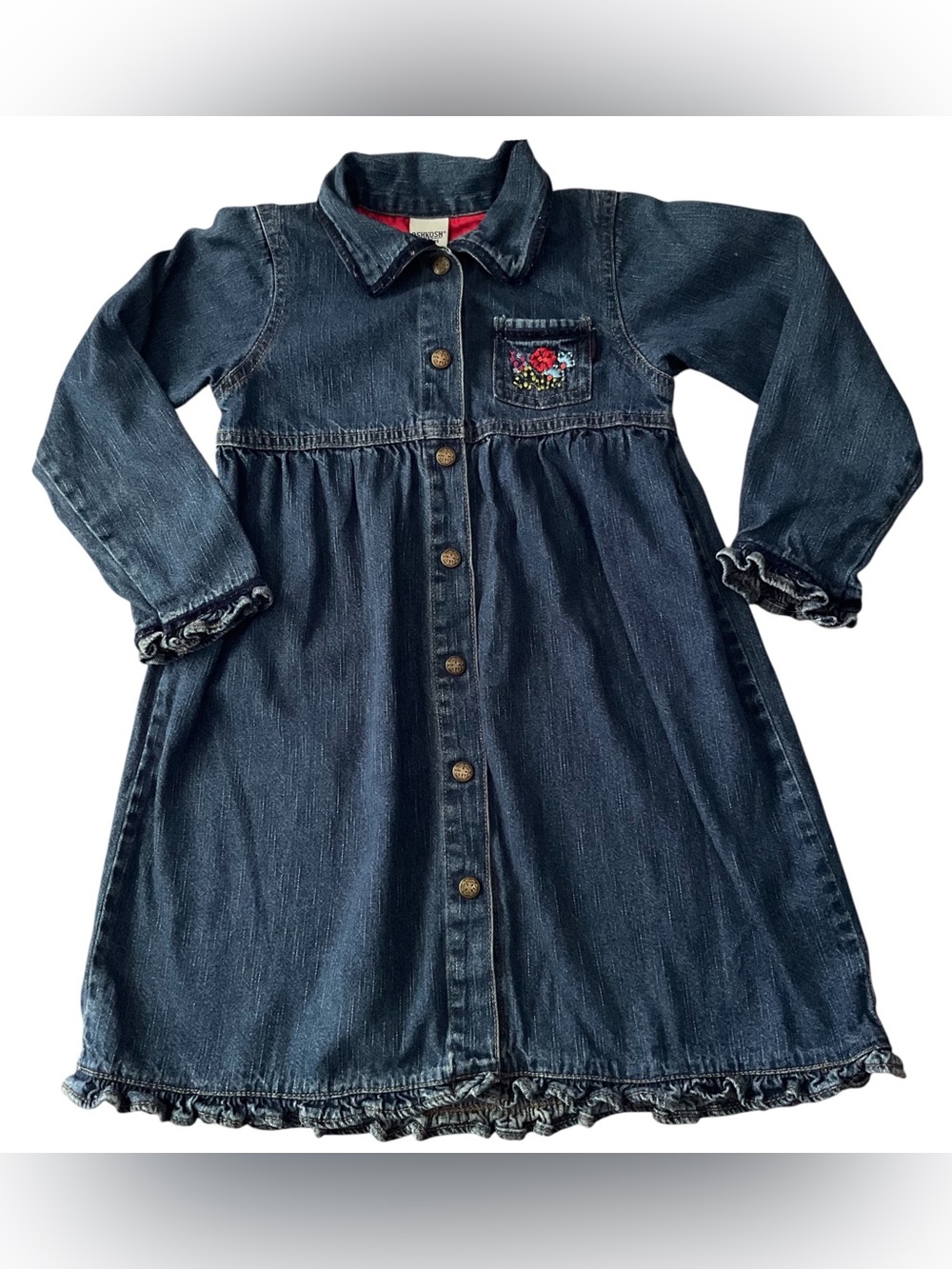 Vintage OshKosh Bgosh Girls 3t Blue Denim Floral Embroidered Ruffle Dress